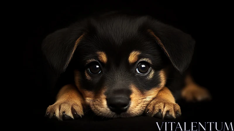Puppy eyes glow under low key light on deep black backdrop.