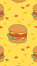 Cheeseburger pattern pops over bold yellow background.