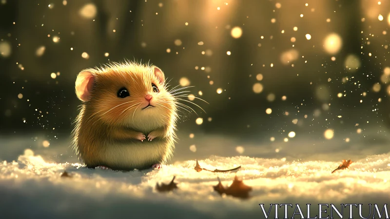 Tiny winter hamster under soft golden snowlight.