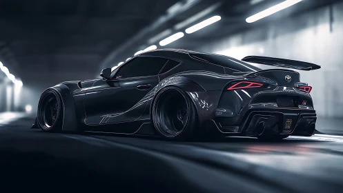 Tunnel-lit widebody Toyota GR Supra in dynamic low angle.