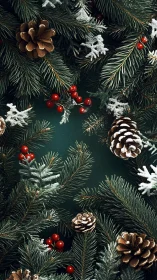 Snow-dusted evergreen branches with pinecones and berries.