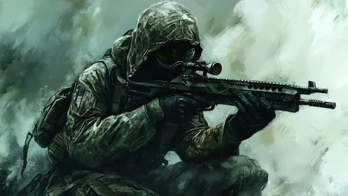 Camouflaged sniper aiming rifle in a smoky battlefield.