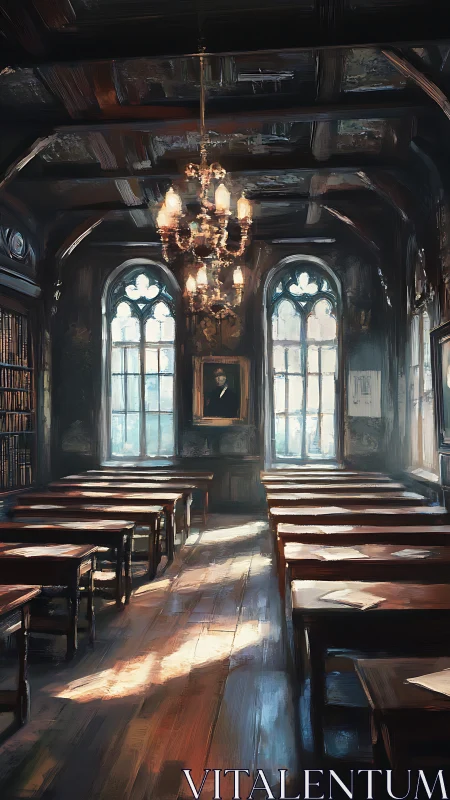 Gothic lecture hall interior with warm painterly sunlight.