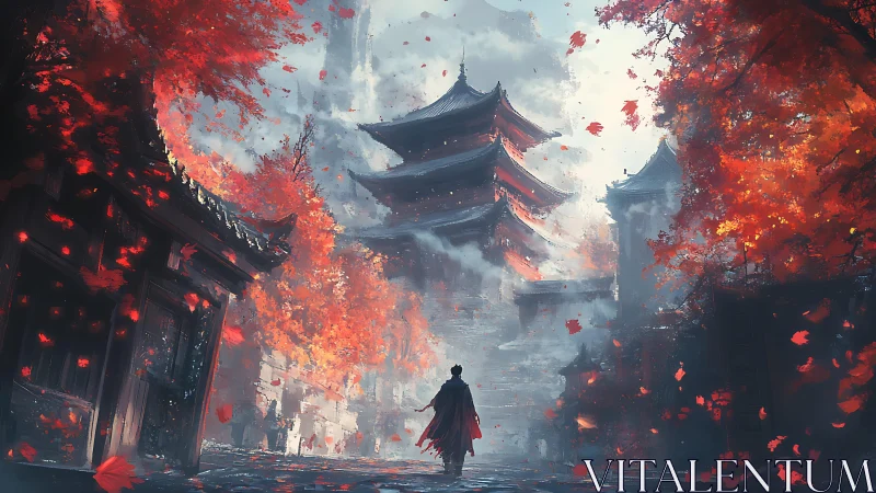 Crimson leaves swirl as a lone traveler nears misty temples