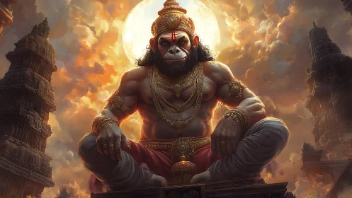 Radiant monkey deity resting beneath a molten sunset sky.