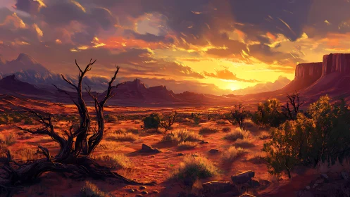 Fiery desert sunset washes rugged canyon in golden light.