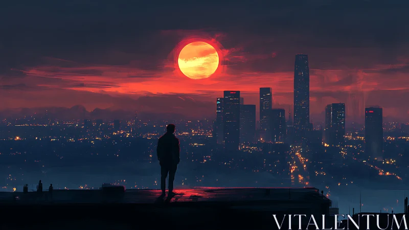 Quiet rooftop sunset over a dreaming neon city skyline.