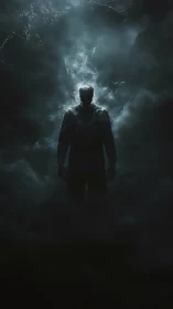 Dark digital painting of a backlit figure in spectral fog.