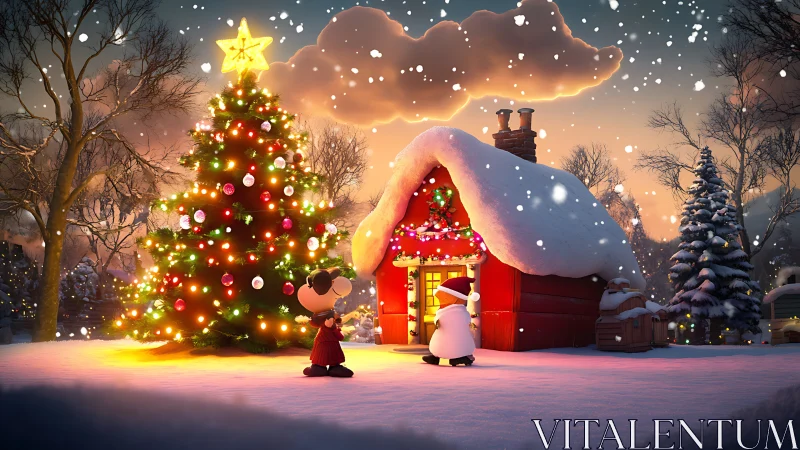 Snow-covered cottage and lit tree form central winter scene