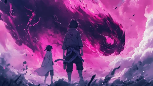Two figures observe swirling pink energy vortex in sky.