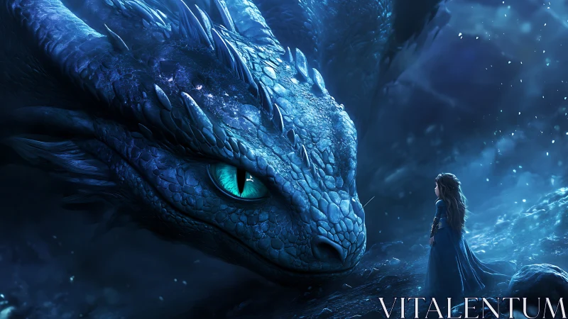 Moonlit blue dragon and girl in luminous cavern tableau.