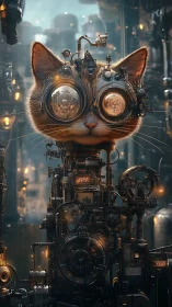 Cyberpunk feline automaton with intricate steampunk rigging.
