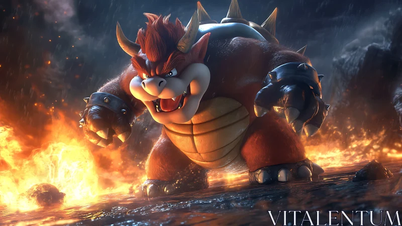 Armored lava beast advances through cinematic inferno lighting