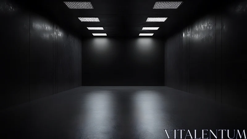 Minimalist dark corridor with overhead grid LED lighting.