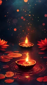 Floating diya flames glow over lotus-filled midnight water.