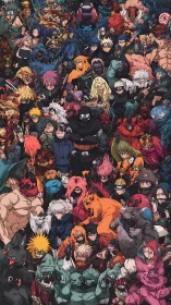 Crowded anime heroes and beasts share one vivid battle scene