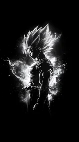 Saiyan warrior silhouette crackles with monochrome power.