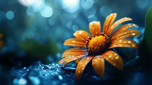 Orange Daisy With Water Droplets in Rain.