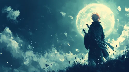 Sword-carrying figure stands before bright full moon