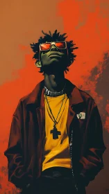 Chromatic street portrait under saturated orange field.