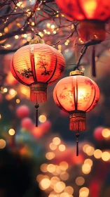 Red Chinese lanterns hang from tree branches at night