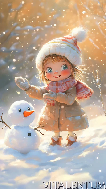Child in winter clothing beside small snowman in snowfield.