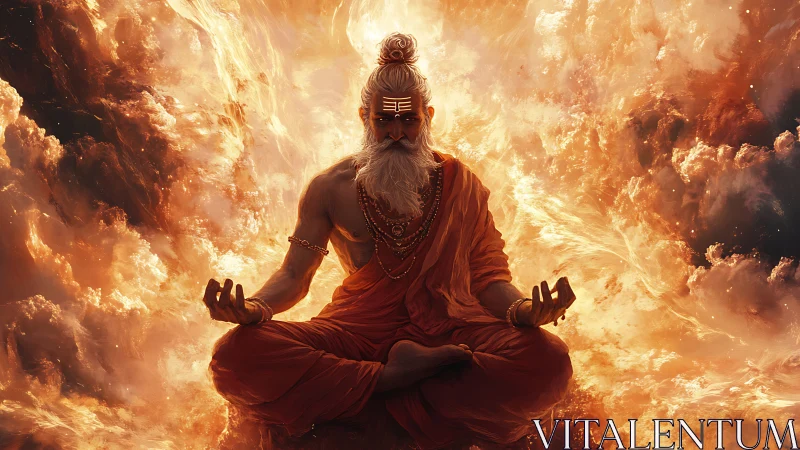 Serene fire-lit sage meditating in a glowing cosmic storm.