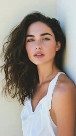 Sunlit muse leans softly into a hush of minimalist light.