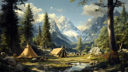 Mountain valley teepee camp beside stream under snowy peaks