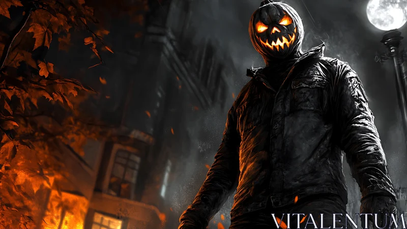 Pumpkin-headed figure in dark urban night environment.