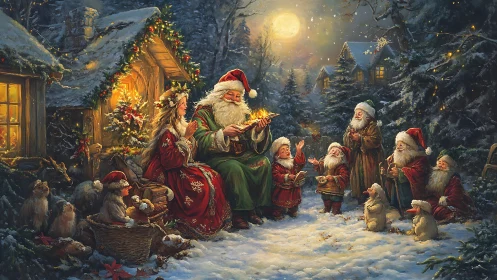 Santa and helpers gather in snowy forest clearing at night