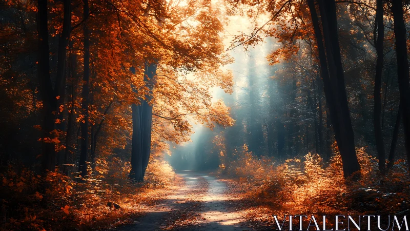 Golden Autumn Forest Path with Radiant Sunlight Rays.