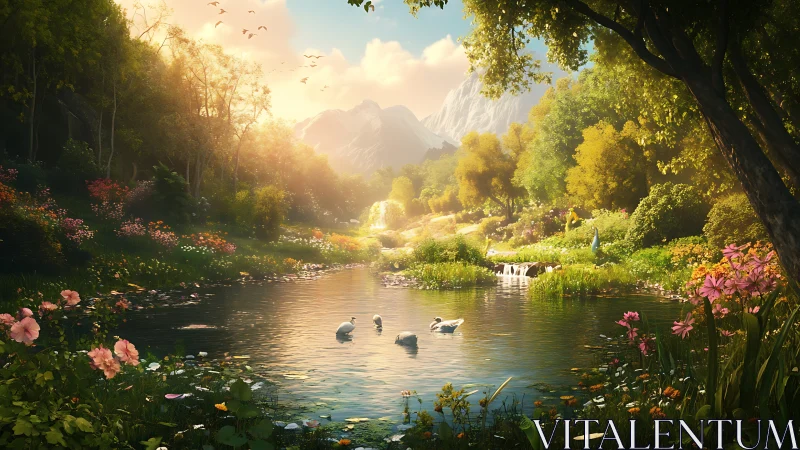 Sunlit valley pond where swans glide through blooming dreams.