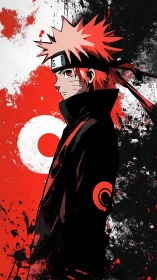 Spiky haired anime ninja in red black abstract splatter art