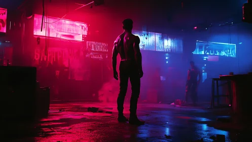 Neon-lit lone figure stands in moody cyberpunk nightclub.