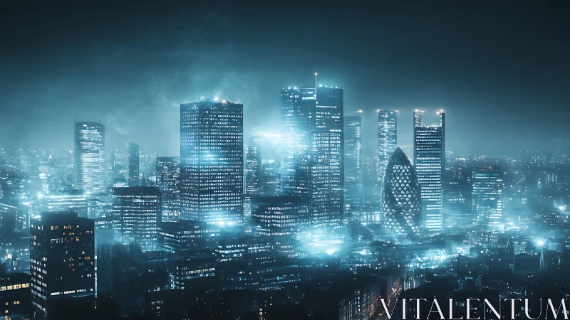 High-density neon skyline with volumetric haze and cold cyan luminance