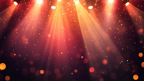 Stage spotlights casting warm beams over glowing dust