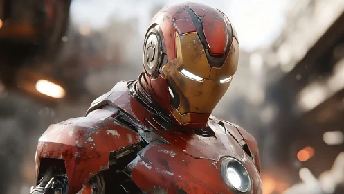 Armored hero stands amid battle smoke, armor scarred hard.