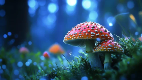 Moonlit toadstool guardians glowing in a dreamlit forest.