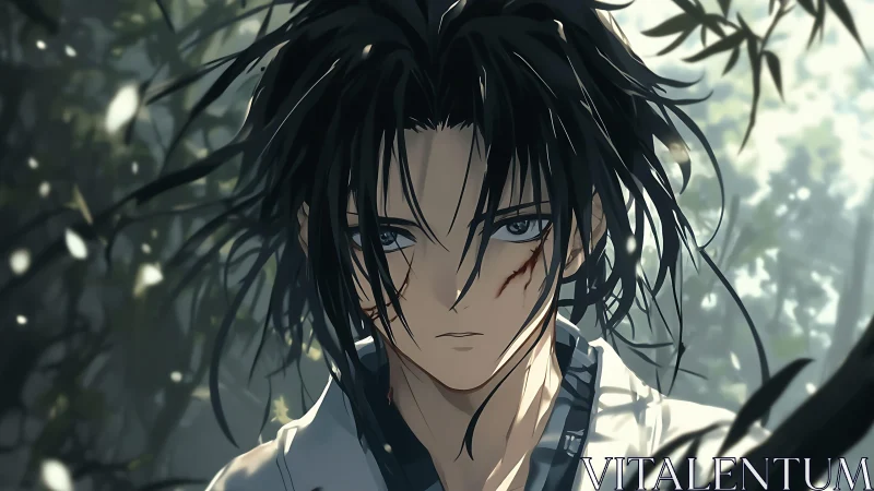 Scarred anime swordsman in calm forest close-up portrait.