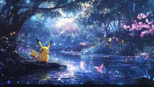 Pikachu resting by a glowing forest pond at twilight.