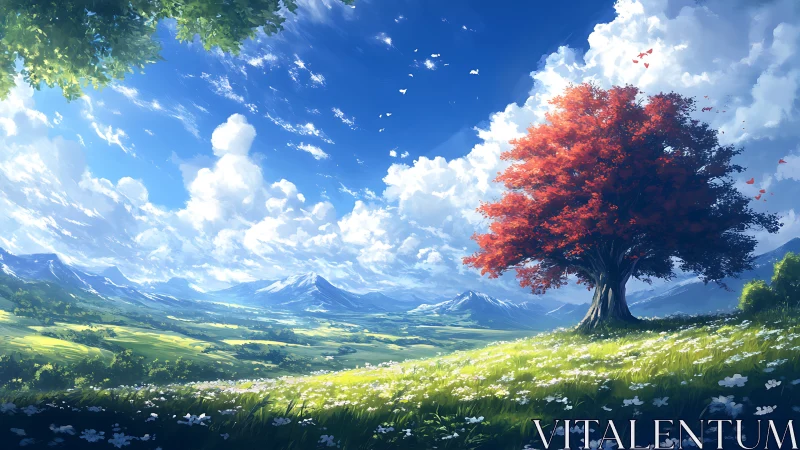 Red tree on hillside overlooking distant mountain valley.