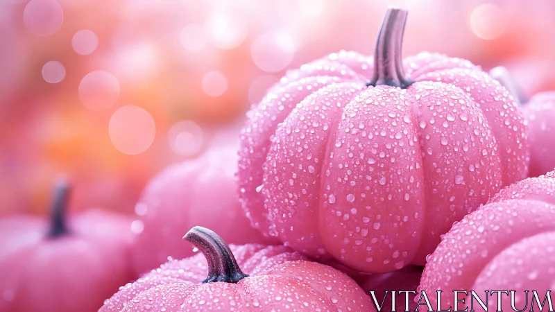 Candy-glazed pink pumpkins shimmer in dewy sunrise glow.