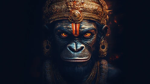 Ember‑eyed simian king crowned in molten temple gold.