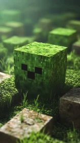 Pixelated green cube creature in grassy block landscape.
