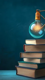 Stacked vintage books under teal glass bulb illumination.