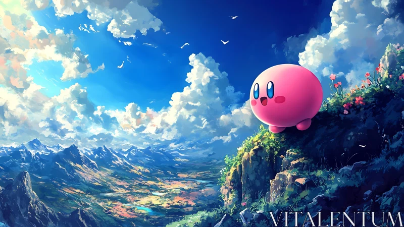 Cheerful pink adventurer overlooking a bright valley sky.