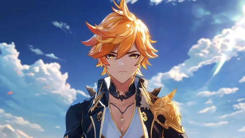 Golden haired anime figure in ornate armor under sky.