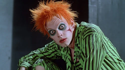 Neon-haired ghoul in striped suit under dramatic cold light.