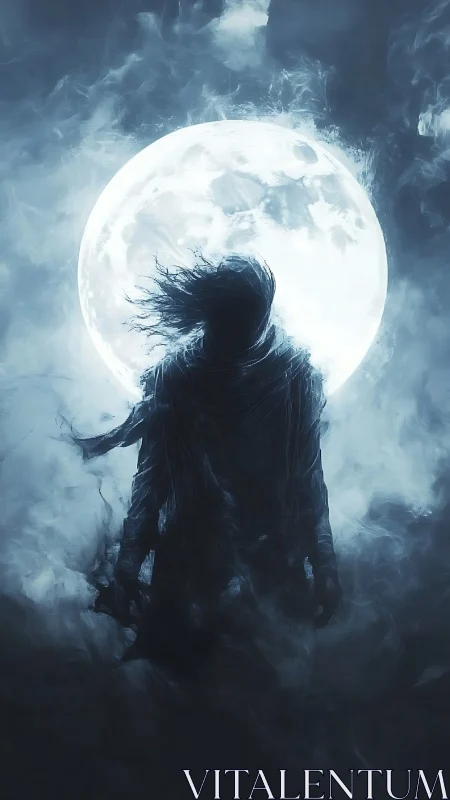 Backlit spectral figure dissolves into swirling lunar mist